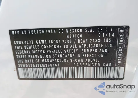 2014 Volkswagen Jetta 1.8T Se z USA, uszkodzony, nr VIN 3VWD17AJ3EM266161